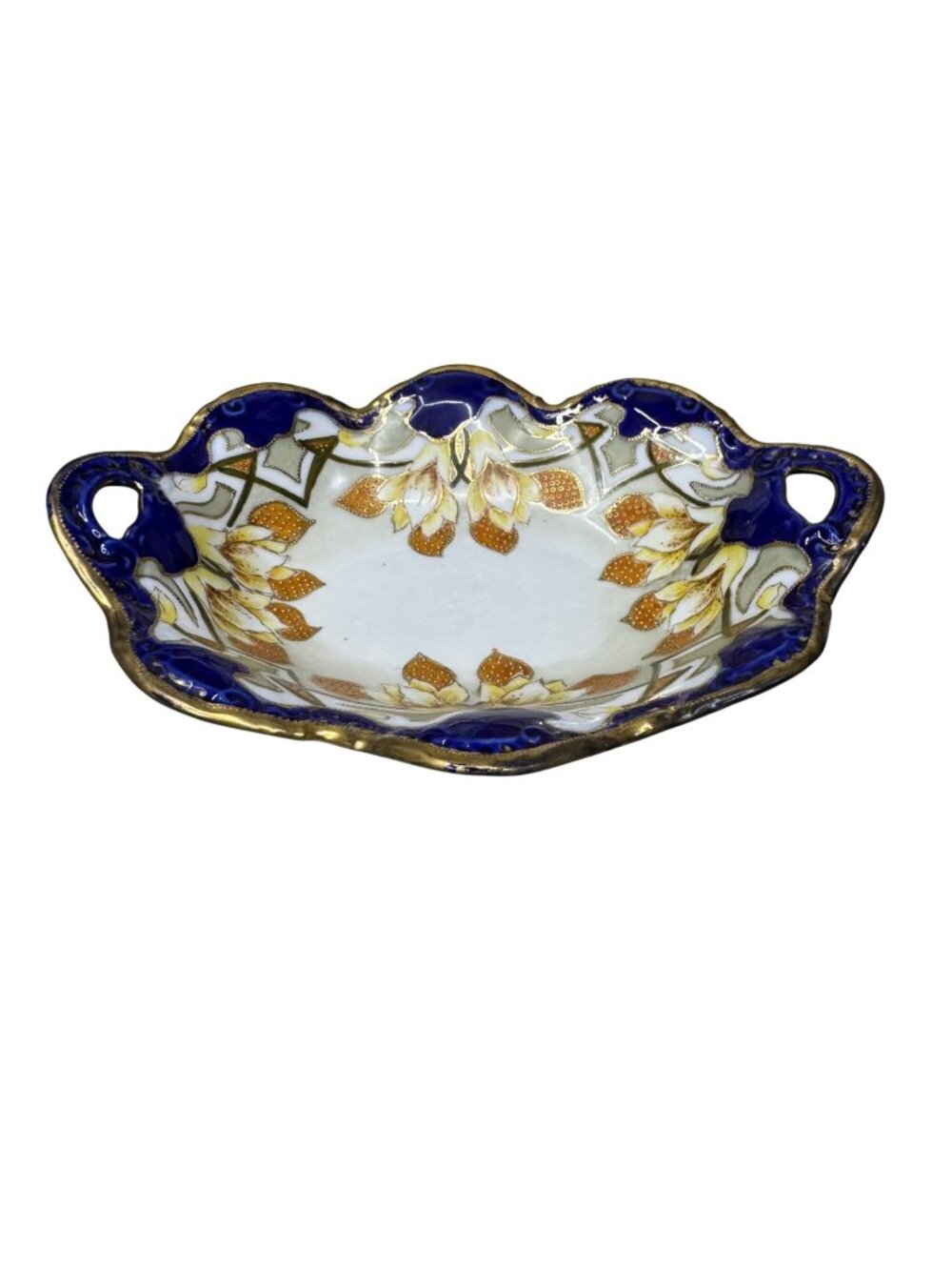 Vintage Imperial Nippon Porcelain Bowl Handles Cobalt Blue Gold Floral Gilt 10.5